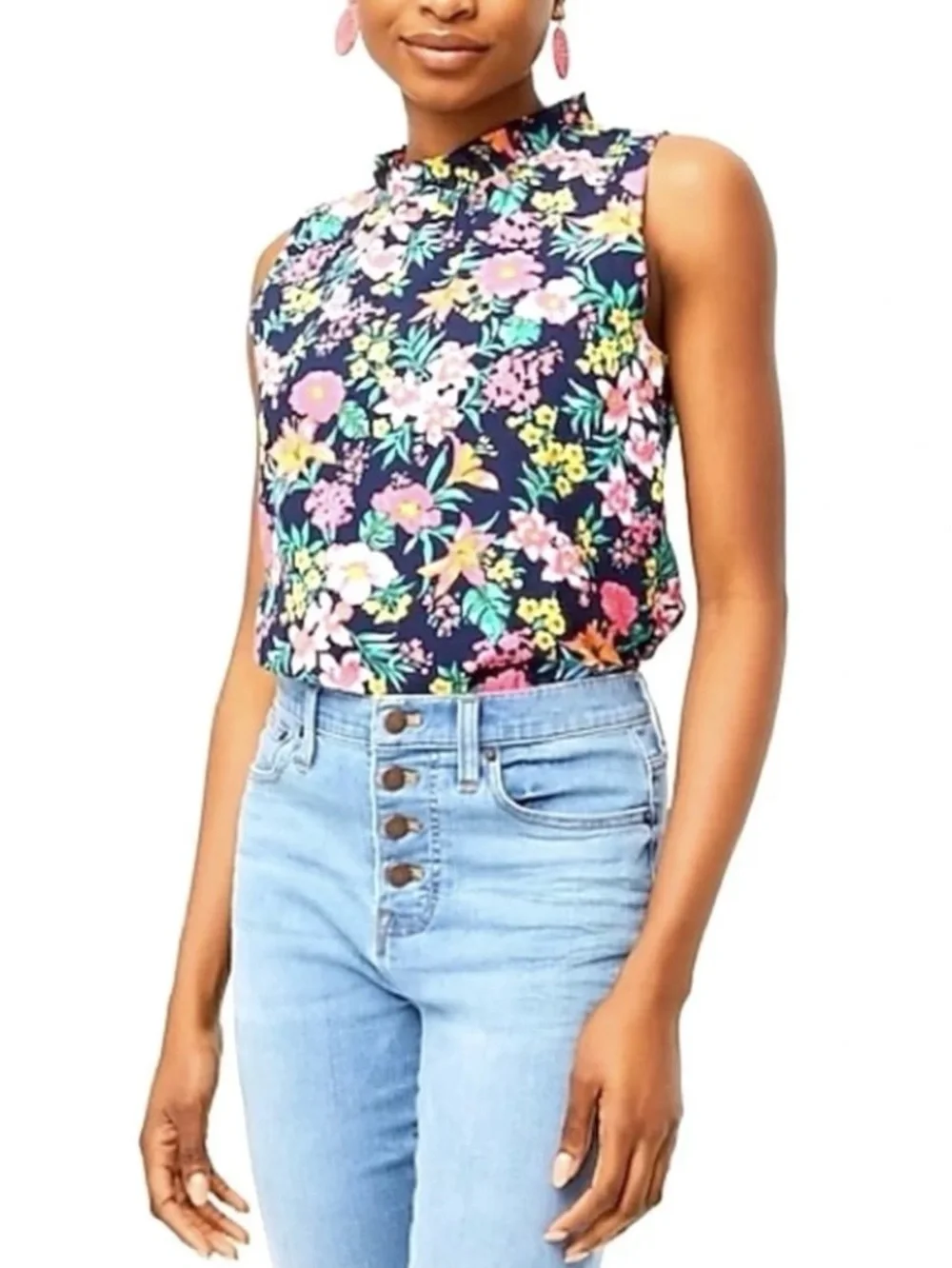 J. Crew Cottagecore Floral Print Mock-Neck Ruffle Sleeveless Top Size L NWT